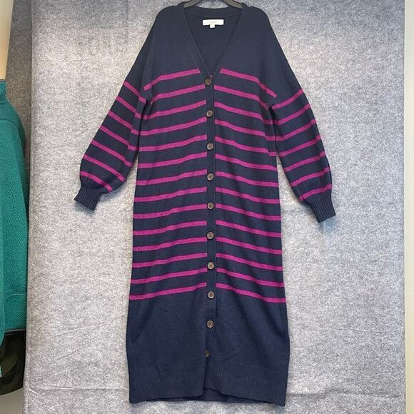 LOFT Long Cardigan Sweater Dress Women's Large Pink Navy Striped Knit Button Up - Picture 3 of 16
